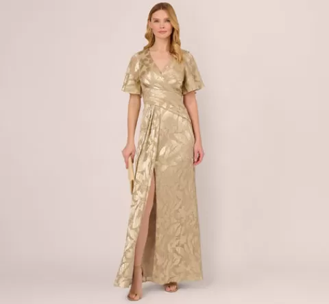 Adrianna Papell Foil Leaf Short Sleeve Gown With Draped Details In Champagne Gold CHAMPAGNE-GOLD Online