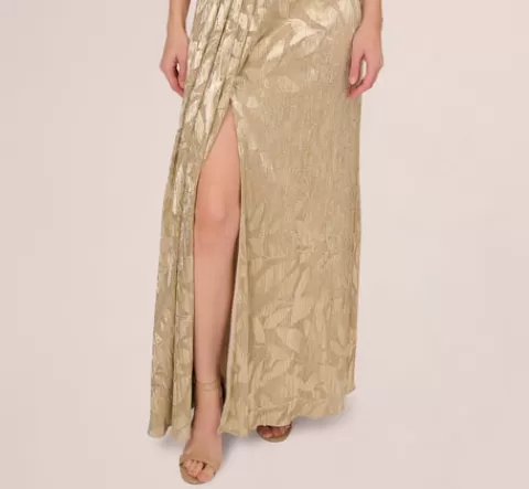 Adrianna Papell Foil Leaf Short Sleeve Gown With Draped Details In Champagne Gold CHAMPAGNE-GOLD Online