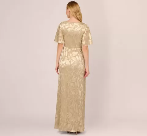 Adrianna Papell Foil Leaf Short Sleeve Gown With Draped Details In Champagne Gold CHAMPAGNE-GOLD Online