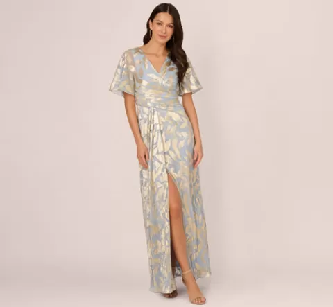 Adrianna Papell Foil Leaf Short Sleeve Gown With Draped Details In Light Blue Gold LIGHTBLUE-GOLD Cheap