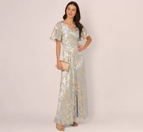 Adrianna Papell Foil Leaf Short Sleeve Gown With Draped Details In Light Blue Gold LIGHTBLUE-GOLD Cheap