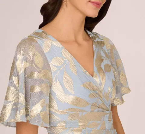 Adrianna Papell Foil Leaf Short Sleeve Gown With Draped Details In Light Blue Gold LIGHTBLUE-GOLD Cheap