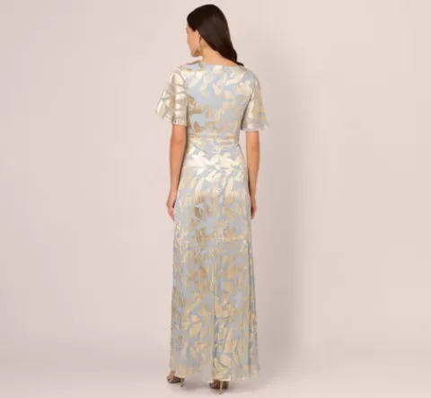 Adrianna Papell Foil Leaf Short Sleeve Gown With Draped Details In Light Blue Gold LIGHTBLUE-GOLD Cheap