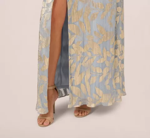 Adrianna Papell Foil Leaf Short Sleeve Gown With Draped Details In Light Blue Gold LIGHTBLUE-GOLD Cheap