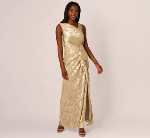Adrianna Papell Foil Printed Asymmetric Gown With Ruffled Detail In Champagne Gold CHAMPAGNE-GOLD Fashion