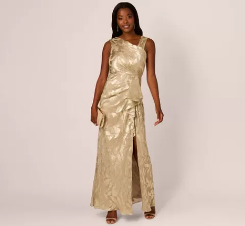 Adrianna Papell Foil Printed Asymmetric Gown With Ruffled Detail In Champagne Gold CHAMPAGNE-GOLD Fashion