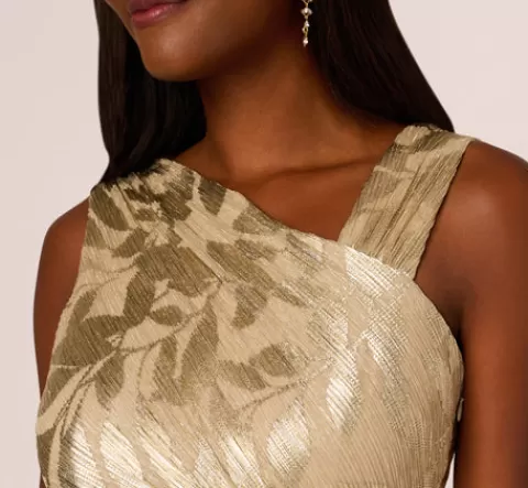 Adrianna Papell Foil Printed Asymmetric Gown With Ruffled Detail In Champagne Gold CHAMPAGNE-GOLD Fashion
