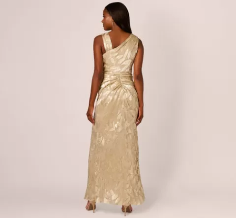Adrianna Papell Foil Printed Asymmetric Gown With Ruffled Detail In Champagne Gold CHAMPAGNE-GOLD Fashion
