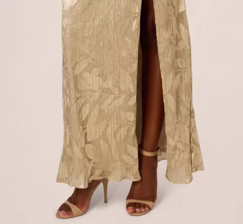 Adrianna Papell Foil Printed Asymmetric Gown With Ruffled Detail In Champagne Gold CHAMPAGNE-GOLD Fashion