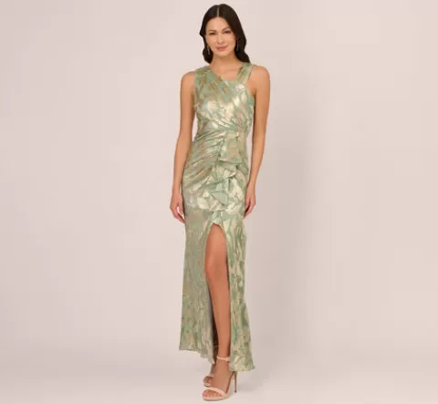 Adrianna Papell Foil Printed Asymmetric Gown With Ruffled Detail In Sage Gold SAGE-GOLD Cheap