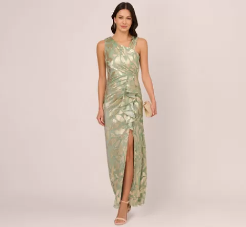 Adrianna Papell Foil Printed Asymmetric Gown With Ruffled Detail In Sage Gold SAGE-GOLD Cheap