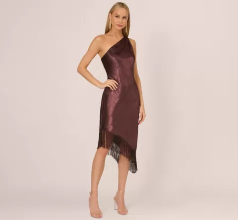 Adrianna Papell Foiled One Shoulder Asymmetrical Dress With Fringe Hem In Blackened Red BLACKENEDRED Best