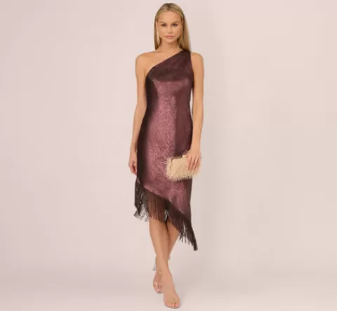 Adrianna Papell Foiled One Shoulder Asymmetrical Dress With Fringe Hem In Blackened Red BLACKENEDRED Best