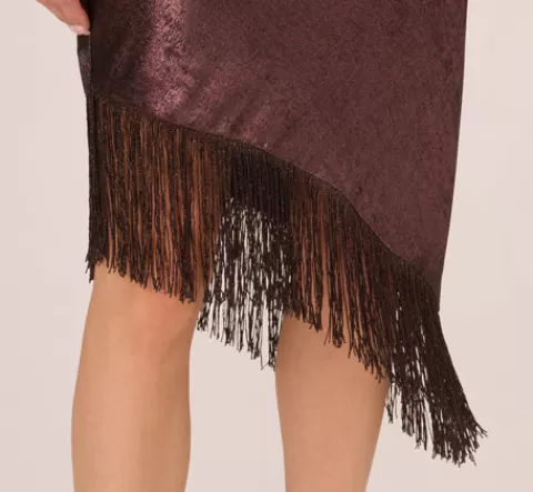 Adrianna Papell Foiled One Shoulder Asymmetrical Dress With Fringe Hem In Blackened Red BLACKENEDRED Best
