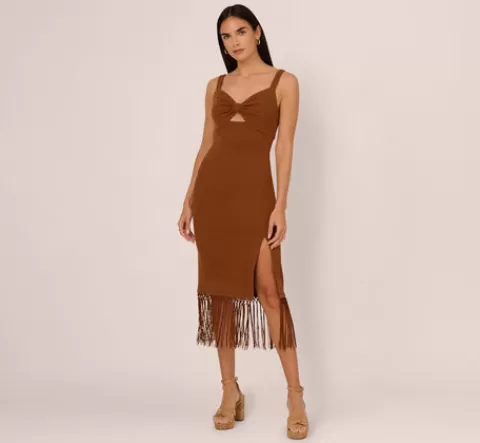 Adrianna Papell Fringe Trim Midi Dress With Keyhole Cutout Bust In Light Brown LIGHTBROWN Clearance