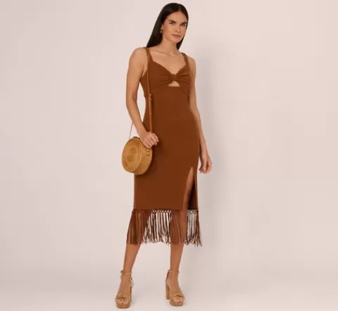Adrianna Papell Fringe Trim Midi Dress With Keyhole Cutout Bust In Light Brown LIGHTBROWN Clearance