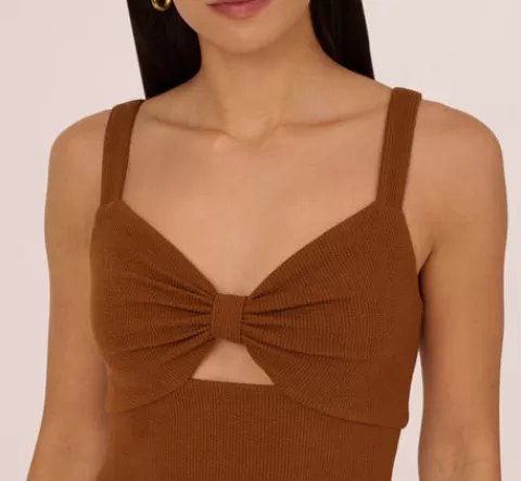 Adrianna Papell Fringe Trim Midi Dress With Keyhole Cutout Bust In Light Brown LIGHTBROWN Clearance