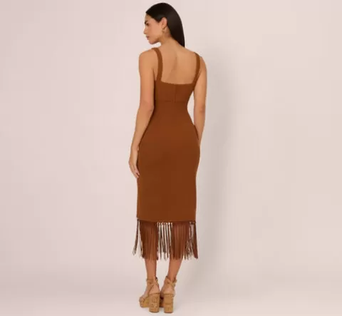 Adrianna Papell Fringe Trim Midi Dress With Keyhole Cutout Bust In Light Brown LIGHTBROWN Clearance
