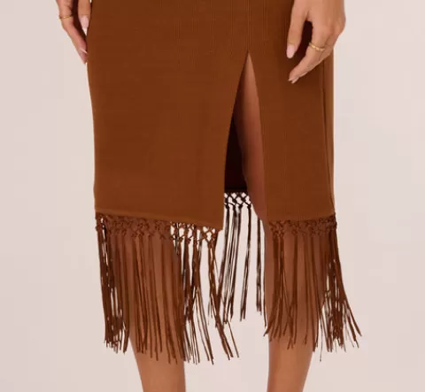 Adrianna Papell Fringe Trim Midi Dress With Keyhole Cutout Bust In Light Brown LIGHTBROWN Clearance
