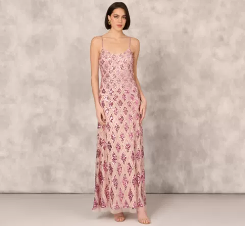 Adrianna Papell Geometric Sequin Beaded Gown With Scoop Neckline In Pink Multi PINKMULTI Hot