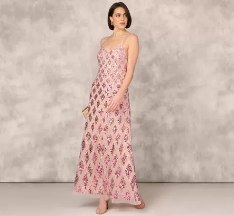 Adrianna Papell Geometric Sequin Beaded Gown With Scoop Neckline In Pink Multi PINKMULTI Hot