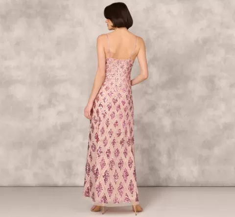 Adrianna Papell Geometric Sequin Beaded Gown With Scoop Neckline In Pink Multi PINKMULTI Hot