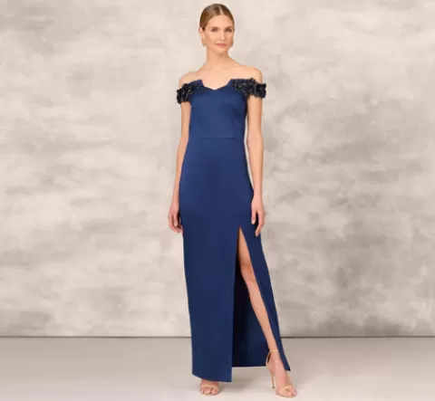 Adrianna Papell Hand Beaded Off The Shoulder Long Column Gown With Slit In NAVY Sale