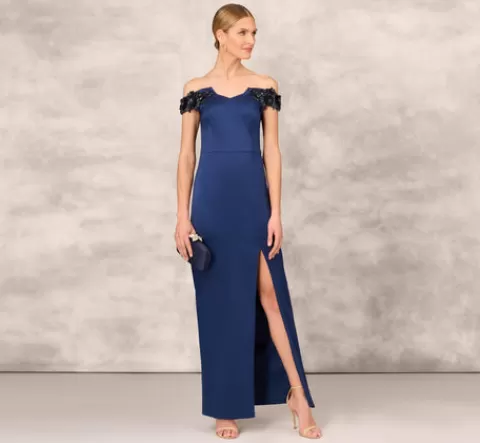 Adrianna Papell Hand Beaded Off The Shoulder Long Column Gown With Slit In NAVY Sale