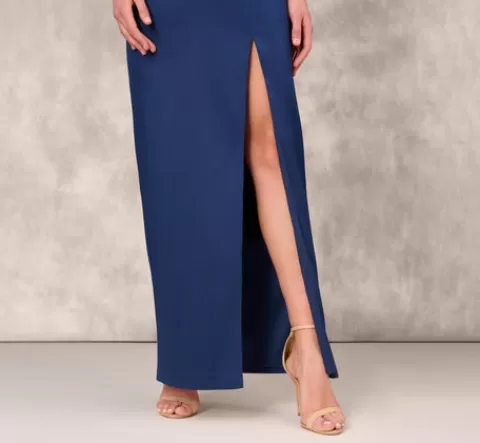 Adrianna Papell Hand Beaded Off The Shoulder Long Column Gown With Slit In NAVY Sale