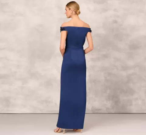 Adrianna Papell Hand Beaded Off The Shoulder Long Column Gown With Slit In NAVY Sale