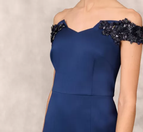 Adrianna Papell Hand Beaded Off The Shoulder Long Column Gown With Slit In NAVY Sale
