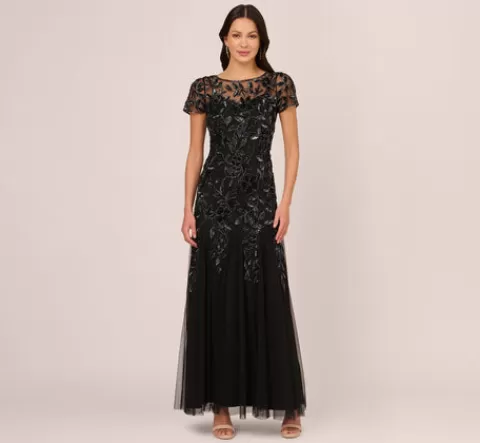 Adrianna Papell Hand Beaded Short Sleeve Floral Godet Gown In Black Gunmetal BLACK-GUNMETAL Fashion