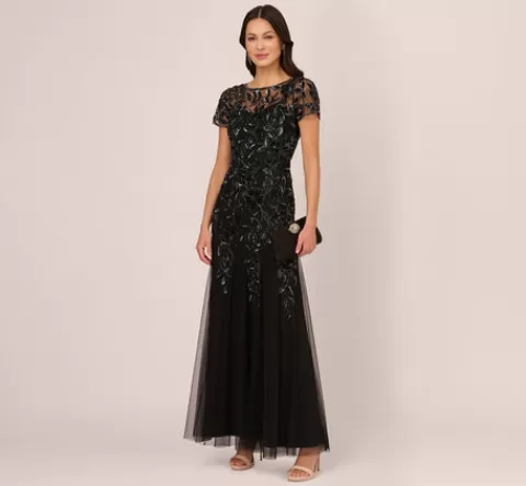 Adrianna Papell Hand Beaded Short Sleeve Floral Godet Gown In Black Gunmetal BLACK-GUNMETAL Fashion