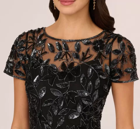 Adrianna Papell Hand Beaded Short Sleeve Floral Godet Gown In Black Gunmetal BLACK-GUNMETAL Fashion