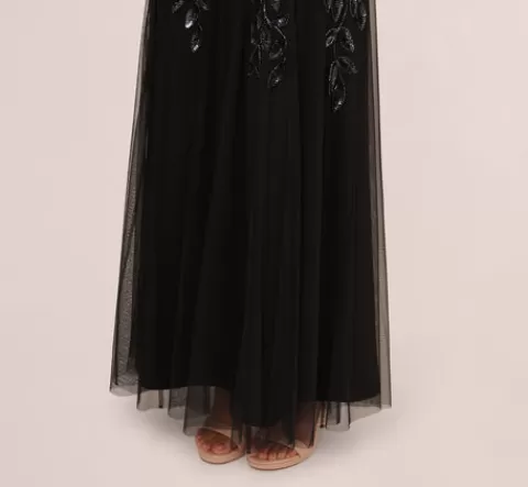 Adrianna Papell Hand Beaded Short Sleeve Floral Godet Gown In Black Gunmetal BLACK-GUNMETAL Fashion