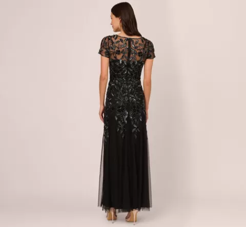 Adrianna Papell Hand Beaded Short Sleeve Floral Godet Gown In Black Gunmetal BLACK-GUNMETAL Fashion