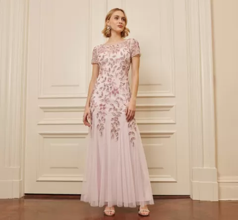 Adrianna Papell Hand Beaded Short Sleeve Floral Godet Gown In Blush Pink BLUSHPINK Online