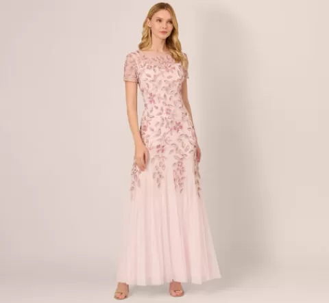 Adrianna Papell Hand Beaded Short Sleeve Floral Godet Gown In Blush Pink BLUSHPINK Online