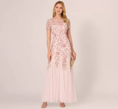 Adrianna Papell Hand Beaded Short Sleeve Floral Godet Gown In Blush Pink BLUSHPINK Online