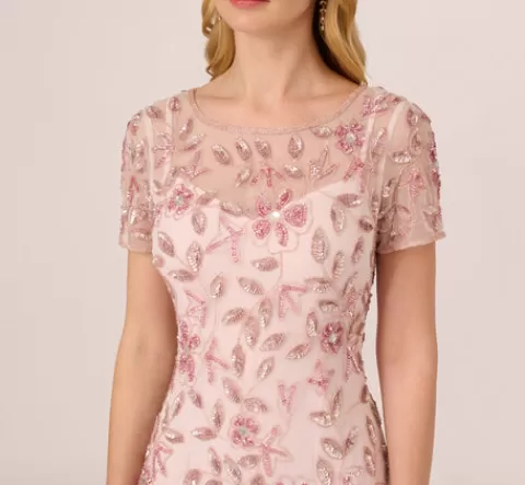 Adrianna Papell Hand Beaded Short Sleeve Floral Godet Gown In Blush Pink BLUSHPINK Online