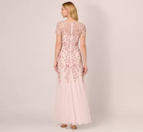 Adrianna Papell Hand Beaded Short Sleeve Floral Godet Gown In Blush Pink BLUSHPINK Online