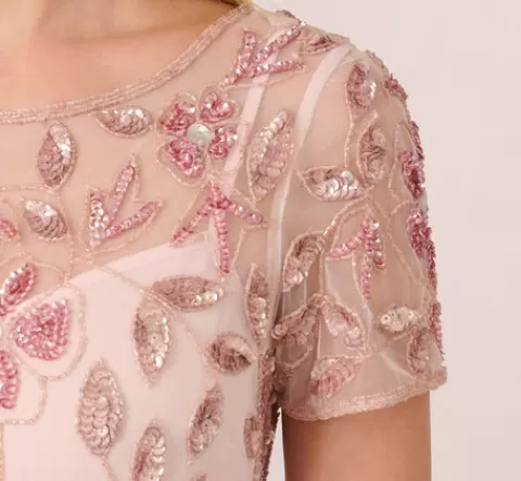 Adrianna Papell Hand Beaded Short Sleeve Floral Godet Gown In Blush Pink BLUSHPINK Online