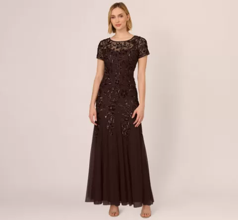Adrianna Papell Hand Beaded Short Sleeve Floral Godet Gown In CHOCOLATE Discount