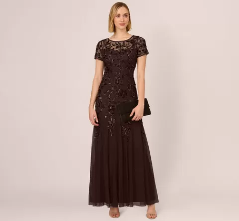 Adrianna Papell Hand Beaded Short Sleeve Floral Godet Gown In CHOCOLATE Discount