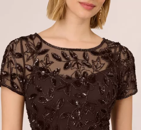 Adrianna Papell Hand Beaded Short Sleeve Floral Godet Gown In CHOCOLATE Discount