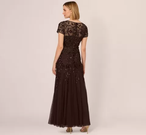 Adrianna Papell Hand Beaded Short Sleeve Floral Godet Gown In CHOCOLATE Discount
