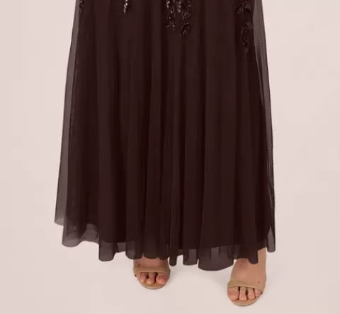 Adrianna Papell Hand Beaded Short Sleeve Floral Godet Gown In CHOCOLATE Discount