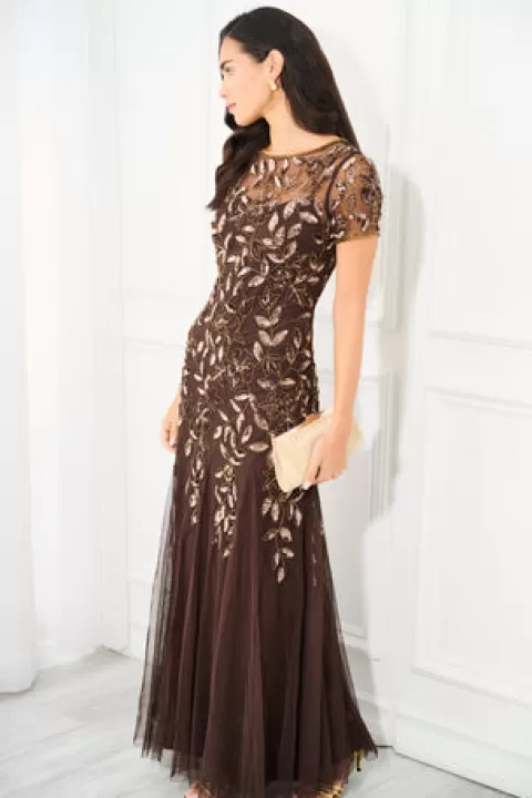 Adrianna Papell Hand Beaded Short Sleeve Floral Godet Gown In CHOCOLATE Discount