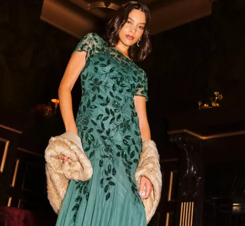 Adrianna Papell Hand Beaded Short Sleeve Floral Godet Gown In Dusty Emerald DUSTYEMERALD Outlet