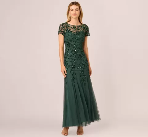 Adrianna Papell Hand Beaded Short Sleeve Floral Godet Gown In Dusty Emerald DUSTYEMERALD Outlet